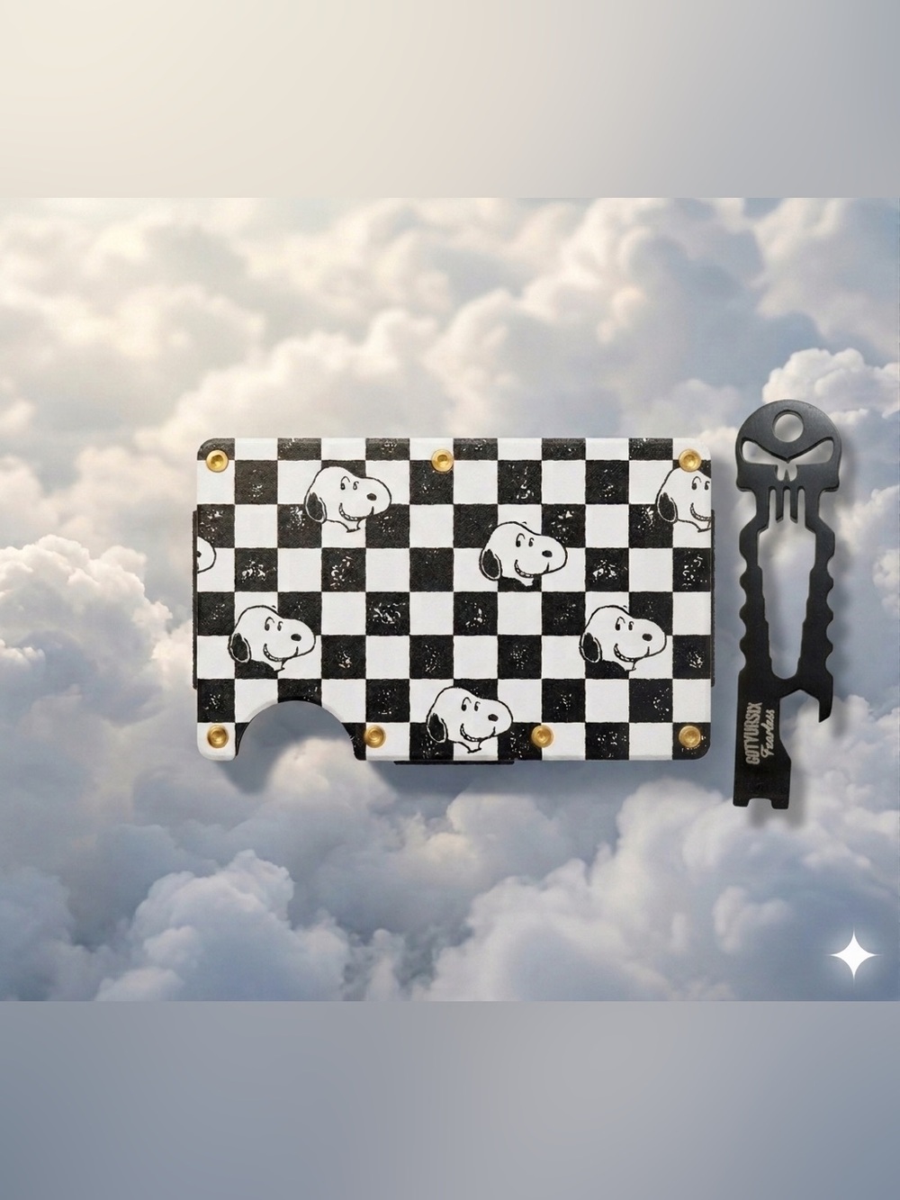 RIDGE WALLET | PEANUTS-SPEED CLUB “FT SNOOPY” w/GOLD PVD SCREWS+BLK MULTI-TOOL